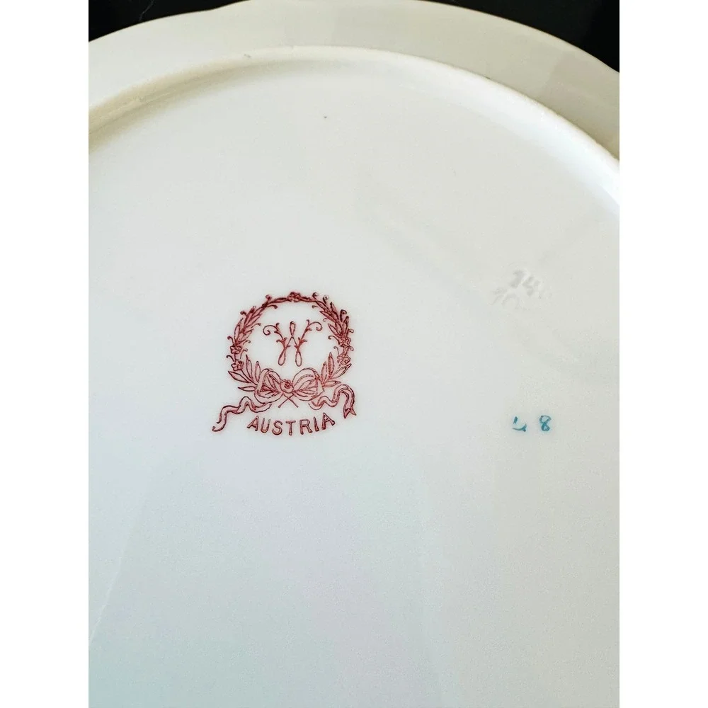 Antique Austria Porcelain Salad Plate Pink Rose Teal Gold Filigree Scalloped